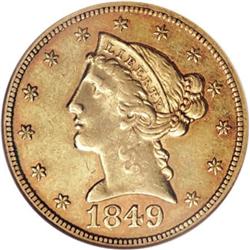 1849-C $5 AU58 NGC