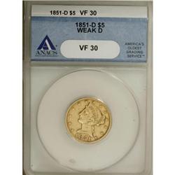 1851-D $5 Weak D VF30 ANACS