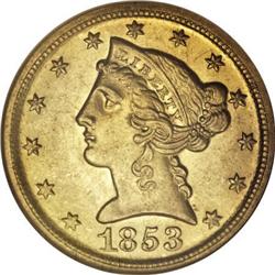 1853-D $5 Large D AU58 NGC