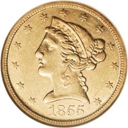 1855-C $5 AU55 NGC
