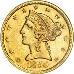 1855-S $5 AU58 NGC