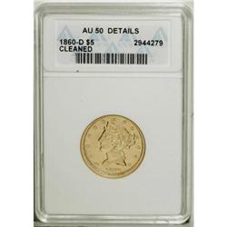 1860-D $5 Medium D AU50 Cleaned ANACS