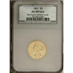 1867 $5--Rim Filed, Improperly Cleaned--NCS. AU