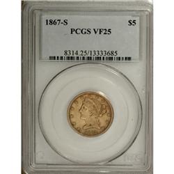 1867-S $5 VF25 PCGS