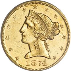 1874 $5 AU58 PCGS