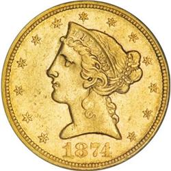1874-S $5 AU58 NGC