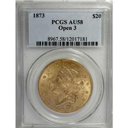 1873 $20 Open 3 AU58 PCGS