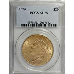 1874 $20 AU55 PCGS