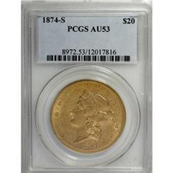 1874-S $20 AU53 PCGS