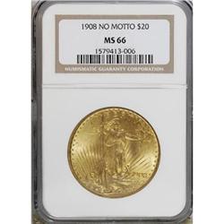 1908 $20 No Motto MS66 NGC