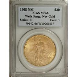1908 $20 No Motto, Wells Fargo Nevada MS66 PCGS