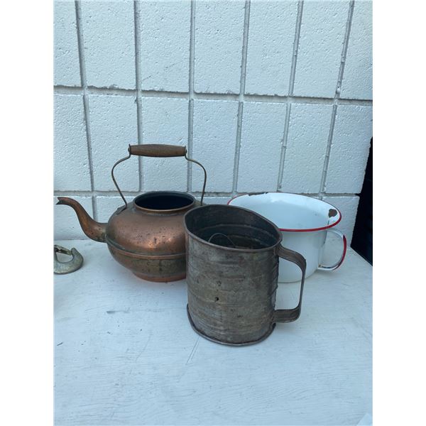 Tin enamel, tea pot and flour sifter