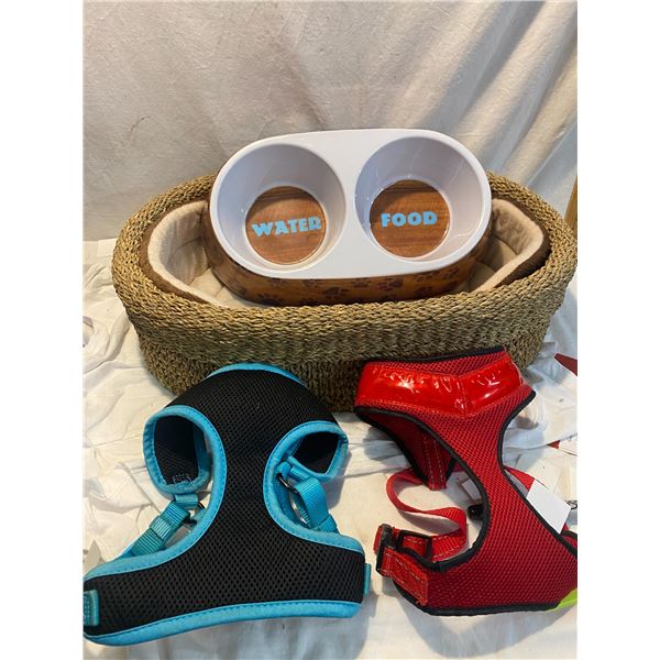Dog bed food dishe and two harnesses