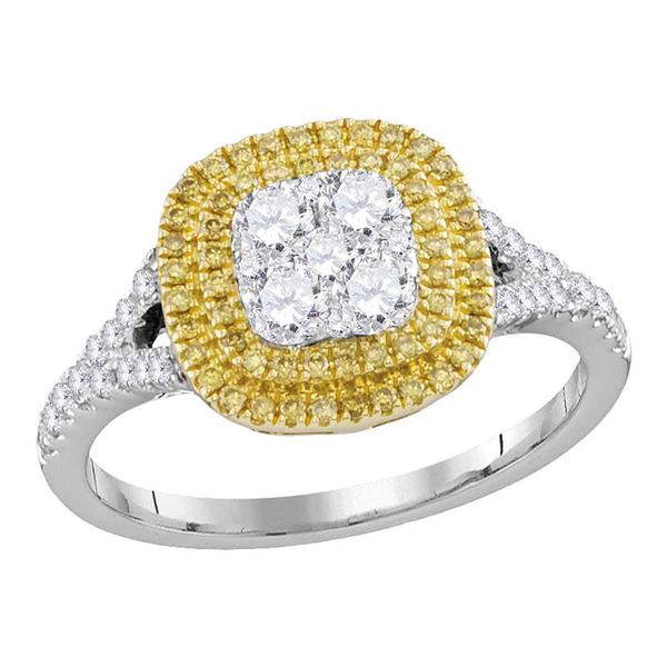Round Yellow Diamond Cluster Ring 3/4 Cttw 18KT White Gold