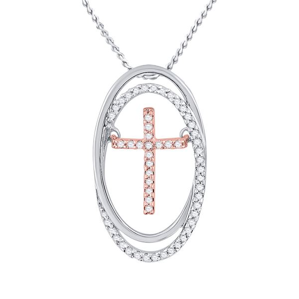 Round Diamond Oval Moving Cross Pendant 1/8 Cttw 10KT Two-tone Gold