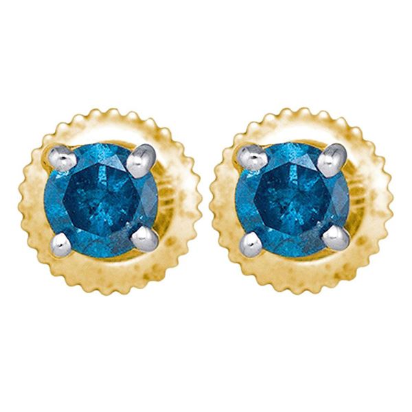 Round Blue Color Enhanced Diamond Solitaire Stud Earrings 1/4 Cttw 10KT Yellow Gold