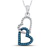 Round Blue Color Enhanced Diamond Double Heart Dangle Pendant 1/6 Cttw 10KT White Gold