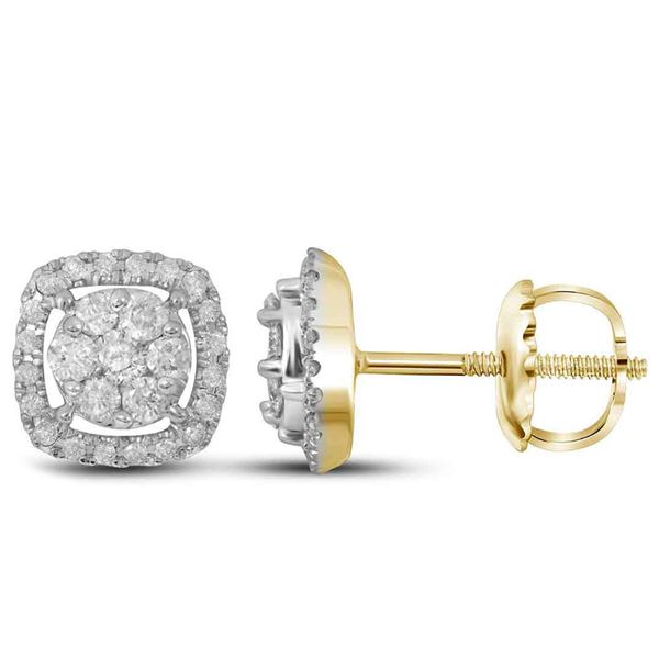 Round Diamond Cushion Cluster Earrings 3/8 Cttw 14KT Yellow Gold