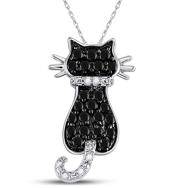 Round Black Color Enhanced Diamond Kitty Cat Pendant 1/3 Cttw 10KT White Gold