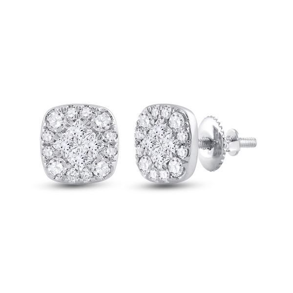 Princess Round Diamond Square Cluster Earrings 1/2 Cttw 14KT White Gold
