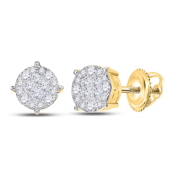 Princess Round Diamond Cluster Earrings 2 Cttw 14KT Yellow Gold