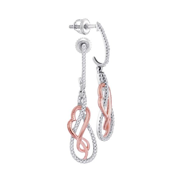 Round Diamond Rose-tone Heart Teardrop Dangle Earrings 1/3 Cttw 10KT Two-tone Gold