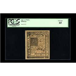 Delaware January 1, 1776 5s PCGS Gem New 65.