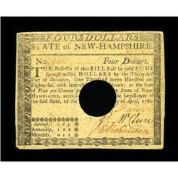 New Hampshire April 29, 1780 $4 Extremely Fine.
