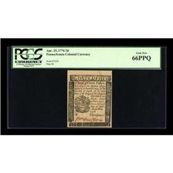 Pennsylvania April 25, 1776 3d PCGS Gem New