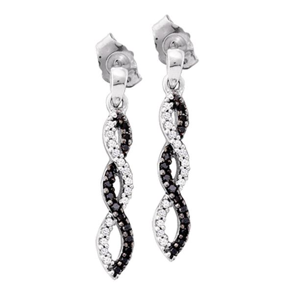Round Black Color Enhanced Diamond Twist Dangle Earrings 1/6 Cttw 14KT White Gold