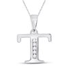 Image 1 : Round Diamond T Initial Letter Pendant 1/20 Cttw 10KT White Gold