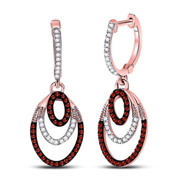 Round Red Color Enhanced Diamond Oval Dangle Earrings 1/3 Cttw 10KT Rose Gold