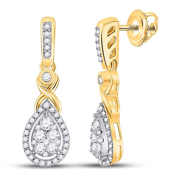 Round Diamond Teardrop Cluster Dangle Earrings 1/2 Cttw 10KT Yellow Gold