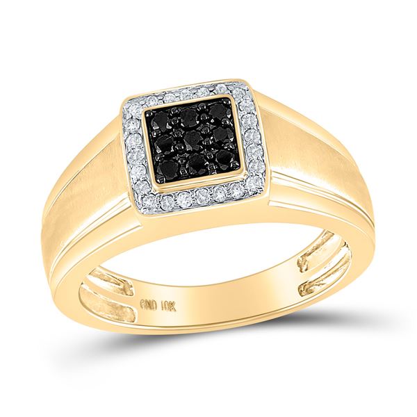 Round Black Color Enhanced Diamond Square Cluster Ring 3/8 Cttw 10KT Yellow Gold