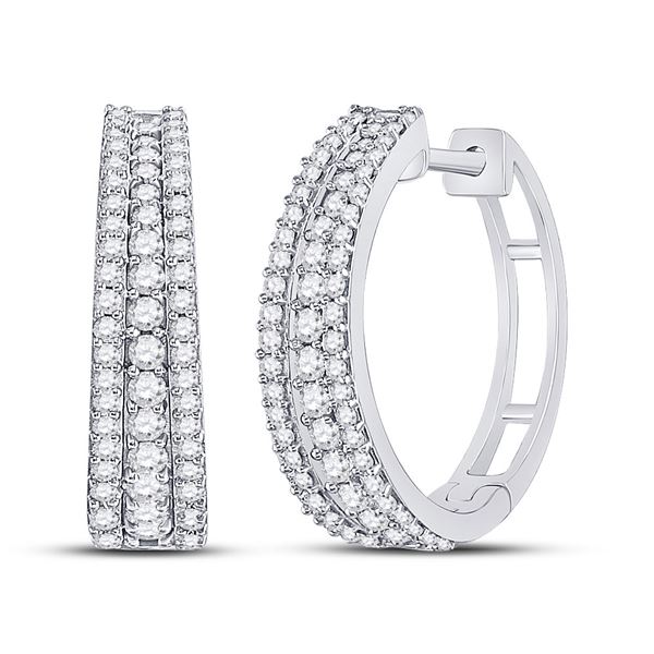 Round Diamond Fashion Tapered Hoop Earrings 1 Cttw 14KT White Gold