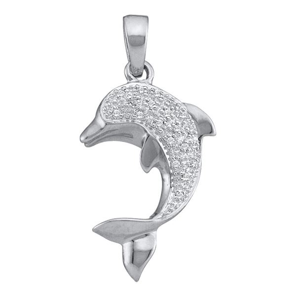 Round Diamond Dolphin Fish Animal Pendant 1/10 Cttw 14KT White Gold