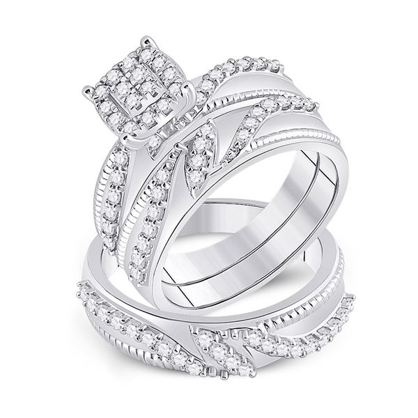 Diamond Cluster Matching Wedding Set 1 Cttw 10KT White Gold