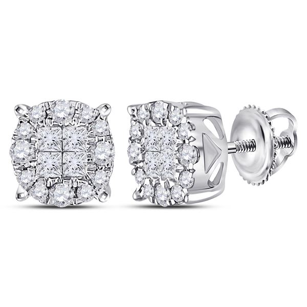 Princess Diamond Cluster Earrings 1/2 Cttw 14KT White Gold