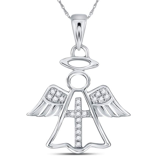 Round Diamond Angel Cross Religious Pendant 1/20 Cttw 14KT White Gold