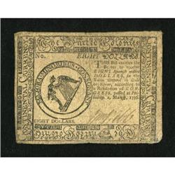 Continental Currency May 9, 1776 $8 Very Fine.