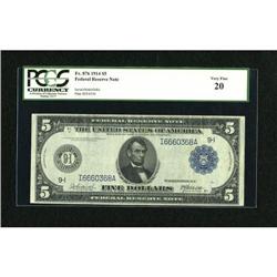 Fr. 876 $5 1914 Federal Reserve Note PCGS Very