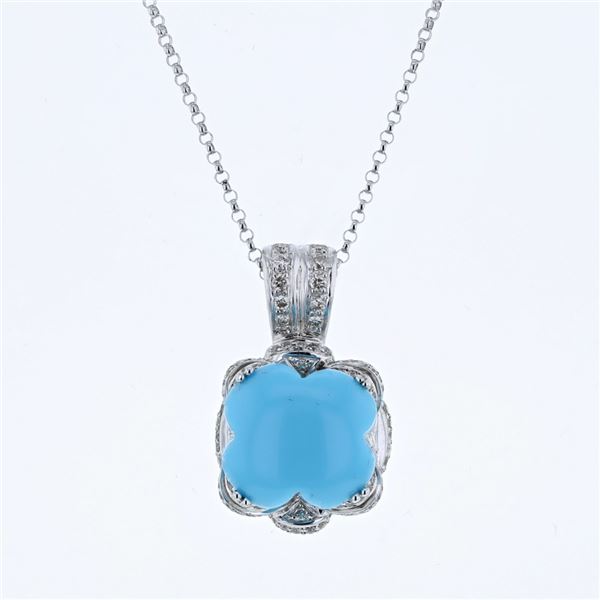 Natural 6.65 CTW Turquoise & Diamond Necklace 14K White Gold - REF-89F3M