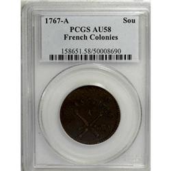 1767-A 9DEN French Colonies Copper Sou AU58 PCGS