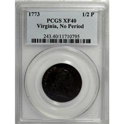 1773 1/2P Virginia Halfpenny, No Period XF40 PCGS