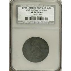 1793 1/2P Washington Ship Halfpenny, Copper, Lettered E