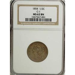 1854 1/2 C Brown MS62 NGC