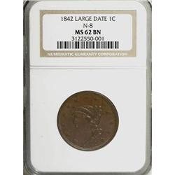 1842 1C Large Date Brown MS62 NGC
