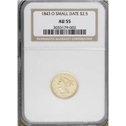 1843-O $2 1/2 Small Date, Crosslet 4 AU55 NGC