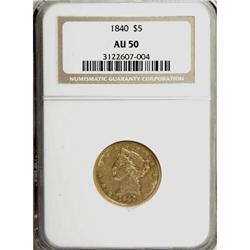 1840 $5 Narrow Mill AU50 NGC