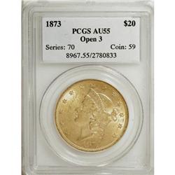 1873 $20 Open 3 AU55 PCGS